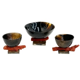 3pc American Carved Horn Silver & Coral Mounted Bowls circa 1940