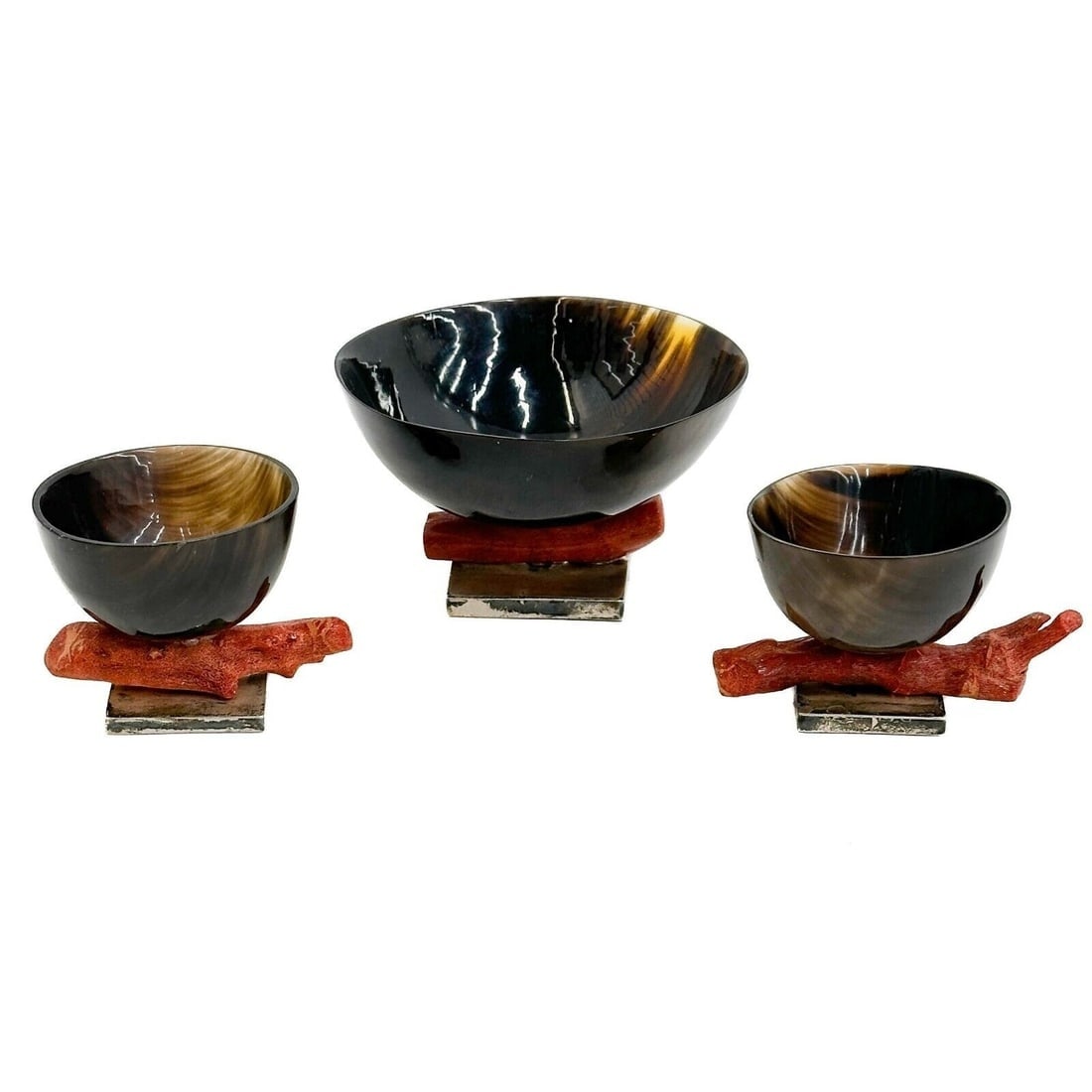 3pc American Carved Horn Silver & Coral Mounted Bowls circa 1940 (1 of 4)