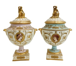 Pair Wedgwood England Porcelain Hand Painted Gilt Covered Miniature Urns c1880