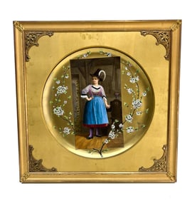 German Hand Painted Porcelain Plaque of a Young Bavarian Woman. Framed