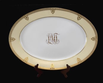 Dresden Germany Porcelain Oval Serving Dish, Gilt Greek Key Border Rim, c1915