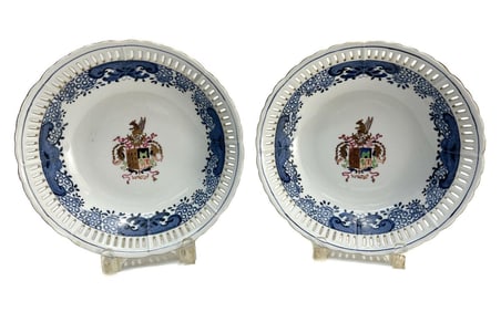 Pair Chinese Export Style Porcelain Reticulated Bowls, 1st Half 20th Century