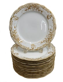 12 KPM Berlin German Porcelain Gilt Scallop Rimmed Dinner Plates c1870