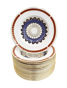 16 Royal Crown Derby England Rimmed Soup Bowls in Quail, Late 20th Century