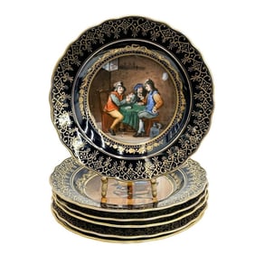 6 Dresden Germany Hand Painted Porcelain Dessert Plates Tavern Scenes c1920