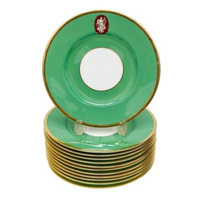 12 Minton England Porcelain Green Dessert Plates circa 1929