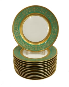 13 Rosenthal Ivory Bavaria Gilt Encrusted Green 9.5 in Porcelain Plates c1940
