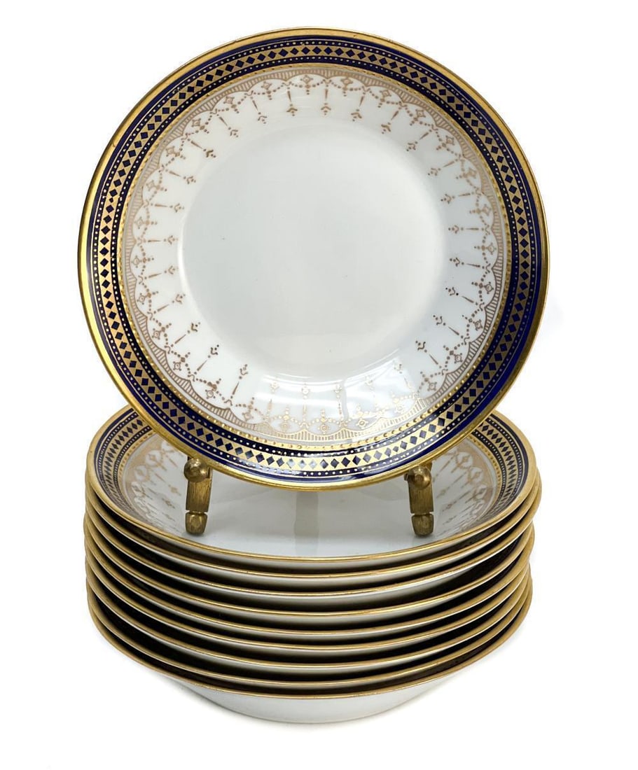 10 Copeland Spode England Porcelain Sauce/ Berry Plates: 10 Copeland Spode England Porcelain Cobalt Blue & Gilt Sauce/ Berry Plates. Cobalt blue ground with gilt diamond and beaded designs around the rims. Copeland Spode England marks to the underside. Weig