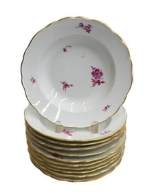 11 Meissen Germany Hand Painted Porcelain Rimmed Soup Bowls