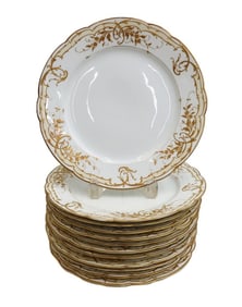 12 KPM Berlin German Porcelain Gilt Scallop Rimmed Dinner Plates c1870