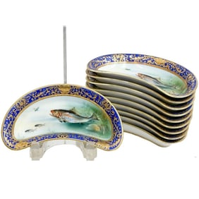 10 Meito China Hand Painted Porcelain Fish Crescent Bone Plates circa 1950