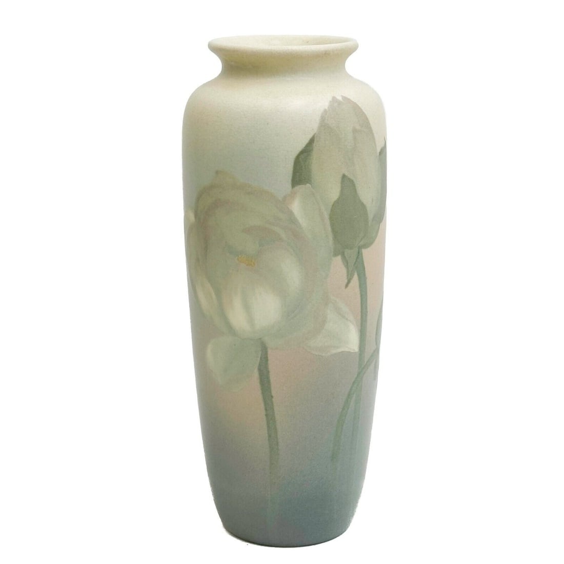 Rookwood Pottery Vellum Glazed Tall Vase by Sara Sax Flowers 1905 #904 C: Rookwood Pottery Vellum Glazed Tall Vase by Sara Sax, 1905. Pastel blue and pink pastel ground, flowers to the body. Underside with Rookwood marks, Sara Sax artist mark, stamped 904 C Weight: Approx.