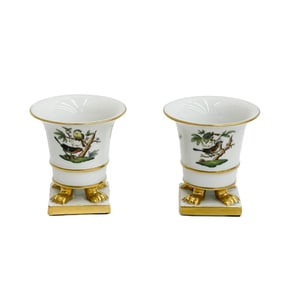 Pair Herend Hungary Rothschild Birds Porcelain 3 in Claw Foot Vases Cache Pots