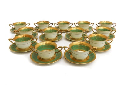 13 Rosenthal Ivory Bavaria Gilt Encrusted Green Bouillon Bowls Underplates c1940