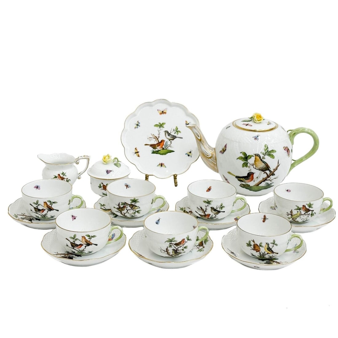 11pc Herend Hungary Rothschild Birds Hand Painted Porcelain Tea Service for 7 (1 of 6)