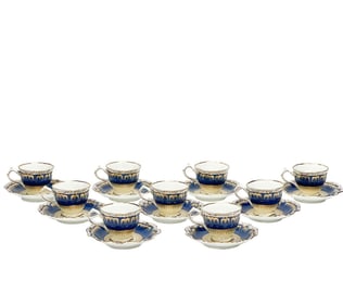 9 George Jones & Sons Crescent Hand Decorated Porcelain Demitasse Cup & Saucers