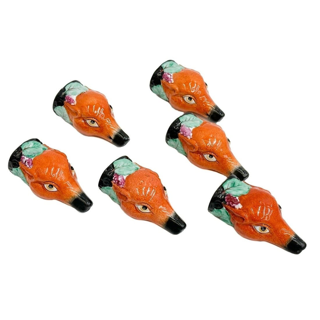 6 English Staffordshire Hand Painted Porcelain Stirrup Cup of a Fox early 20th c (1 of 6)