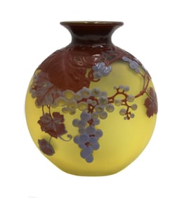 Emile Galle Acid Etched Cameo Art Glass Round Vase Grapevines circa 1900