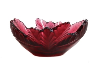 Lalique France Crystal Glass Compeigne Oak Leaf Bowl in Red Signed Box