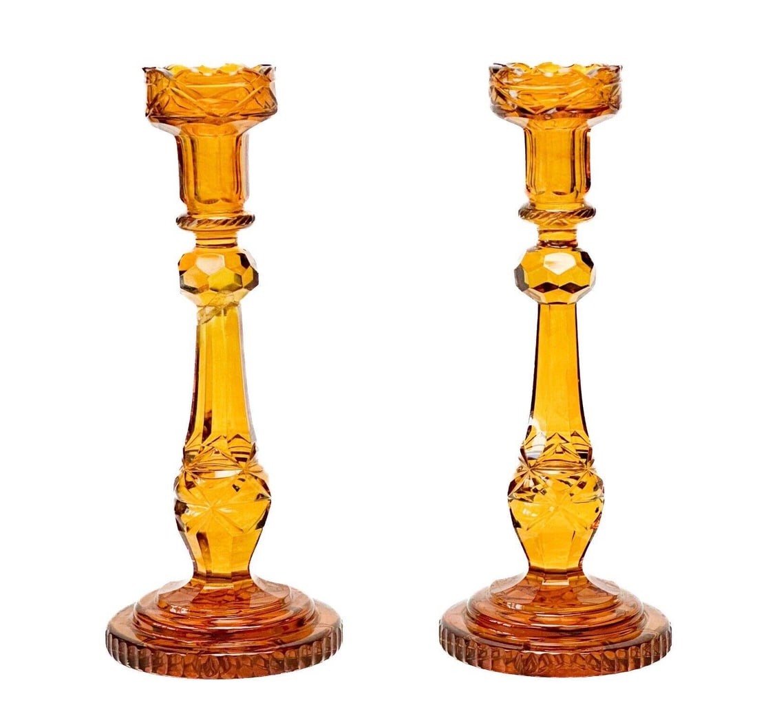 Pair Bohemian Amber Gold Cut Glass Candlestick Holders, 19th century (1 of 8)