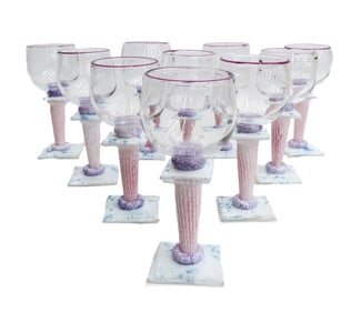 10 Melanie Guernsey-Leppla Art Glass Hand Painted Column Wine Goblets