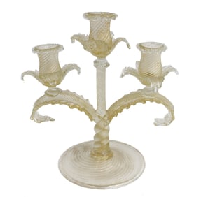 Murano Gold Fleck Art Glass Candelabra, circa 1940. Swirled and Foliate Leaves