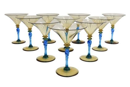 10 Steuben Art Glass Amber and Celeste Blue Martini Goblets #5154