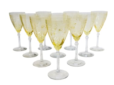 10 Fostoria Etched Water Glass Goblets in June Topaz