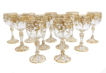 11 Bohemian Cut Glass Gold Encrusted Wine Goblets circa 1930