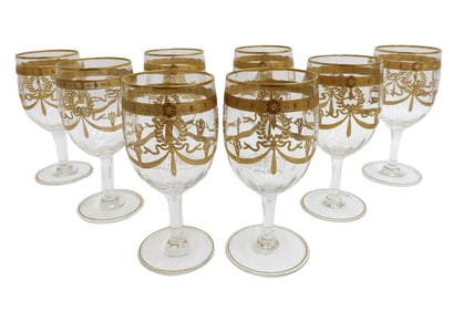 8 Vintage European Glass and Gilt Wine Goblets Swags and Laurel Leaves