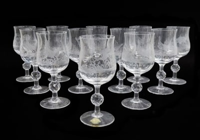 12 German Kaspar Bleikristall Copper Engraved Wine Goblets circa 1940