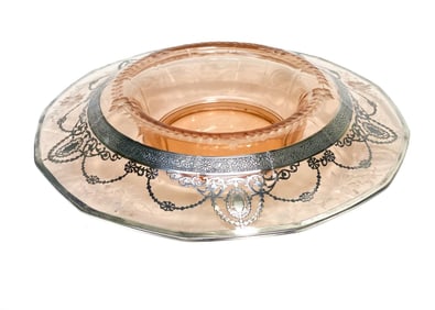 Bohemian Sterling Silver Overlay Coral Art Glass Bowl