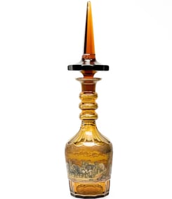 Bohemian Amber Art Glass Large Decanter Painted Carriage Scene mid 20th century