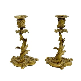 Pair French Gilt Bronze Louis XV Style Candlesticks 19th century