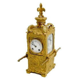 Tiffany & Co Sedan Chair Form Gilt Bronze Mantel Clock Watercolor Portraits