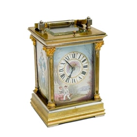 French Sevres Porcelain Tiles Gilt Bronze Hour Repeater Carriage Clock c1900