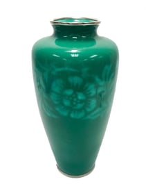 Japanese Jade Green Enamel Pottery and Silverplate Mounted Vase