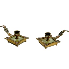 Pair French Cloisonne Enamel Gilt Bronze Green Onyx Candle Holders Chambersticks