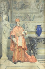 Edoardo Navone (Italian 1844-1912) Watercolor Cardinal in a Palace