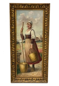 Anton Telser (Austrian 1861-1942) Oil on Canvas Painting- Girl at Well