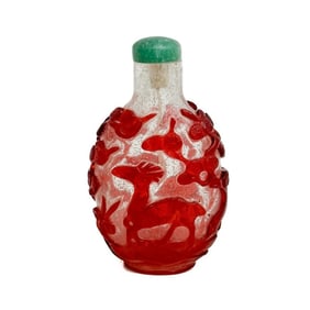 Chinese carved Red & White Peking Glass Snuff Bottle Deer circa 1780