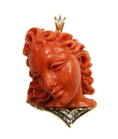 14k Yellow Gold Carved Coral and Diamond Necklace Pendant