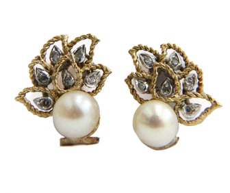 18k Yellow Gold Old MIne Cut Diamond and Cultured Pearl Clip Earrings.