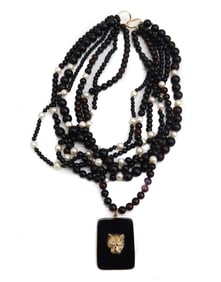 14k Yellow Gold Black and Red Garnet Multistrand Necklace, Jaguar Pendant
