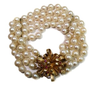 14k Yellow Gold and Cultured Pearl and Pink Spinel 4 Strand Bracelet