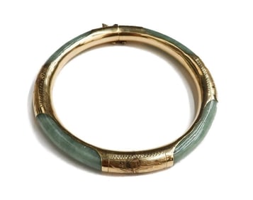 14k Yellow Gold and Green Jade Bangle Bracelet