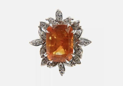 950 Platinum 8.2 ct Orange Sapphire and Diamond Ring with GIA