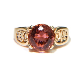 14k Yellow Gold Salmon Pink Tourmaline Ring, Size 7.5