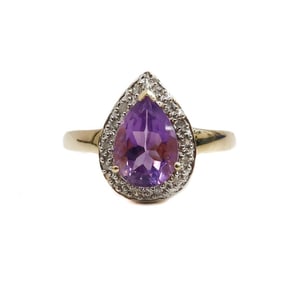 14k SLV Amethyst and Diamond Pear Teardrop Ring, Size 8.5