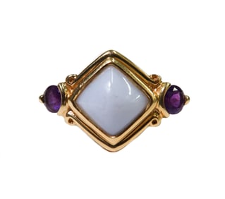 14k Yellow Gold Lavender Jade and Amethyst Ring Size 6